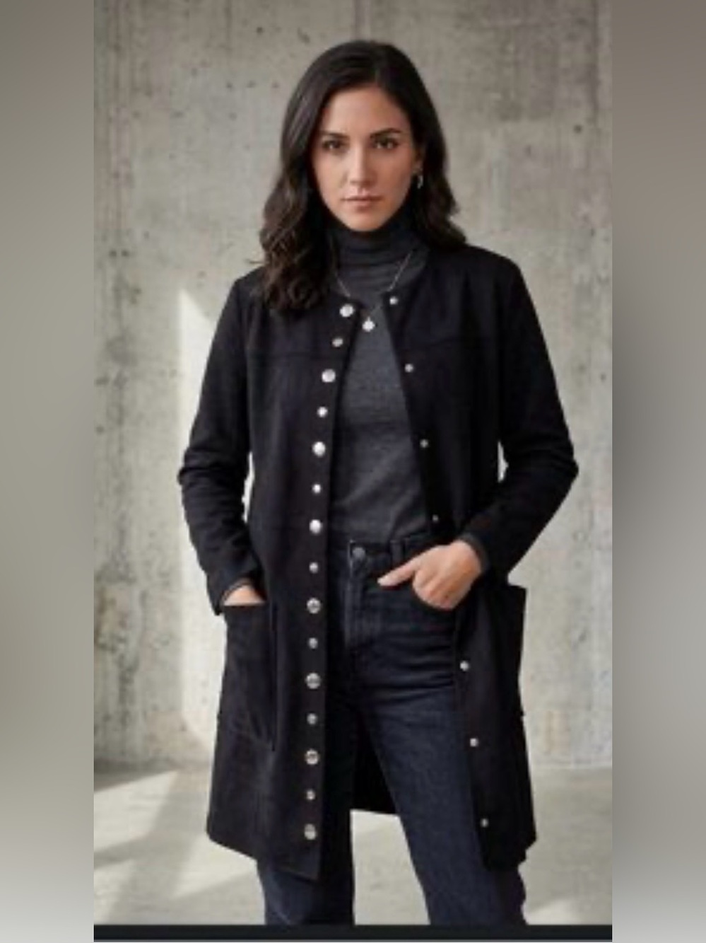 Black Faux Suede Longline Button Jacket Overcoat Size